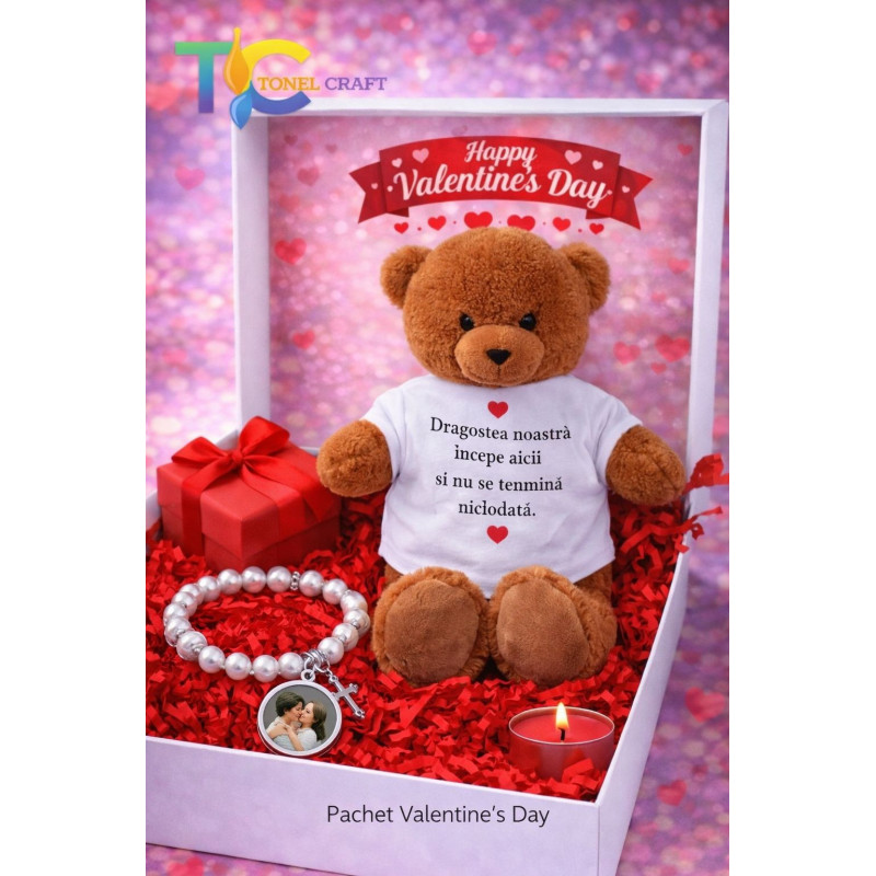 Pachet Cadou Valentine’s Day – Ursuleț Personalizat și Brățară cu Poză