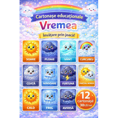 Cartonașe Educaționale „Vremea” – Set Premium 12 Piese | Învățare prin Joacă | Carton Lucios